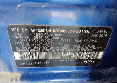 2019 Mitsubishi Eclipse Cross Es from USA, damaged, VIN JA4AT3AA2KZ048404